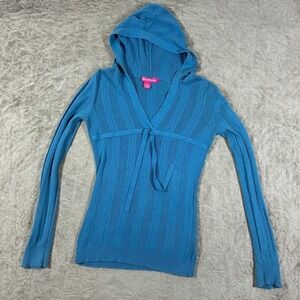 Vintage Y2K Babydoll Top XS Ribbed Knit Hooded Long Sleeve Fairy Empire Blue